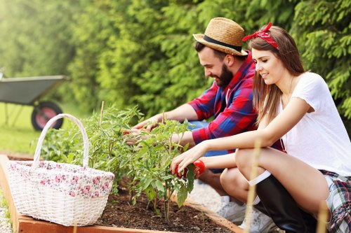 The image shows a man and a woman working together in a well-maintained garden, kneeling on the soil beside a wooden raised bed filled with green plants. The man, wearing a straw hat and a red and blue plaid shirt, appears to be tending to the plants, while the woman, with long brown hair and a red headband, is similarly engaged in gardening tasks. Adjacent to the planting area, there is a white wicker basket with a floral pattern, likely used for collecting garden produce or tools. In the background, a lush hedge and mature trees provide a natural backdrop, indicating a private outdoor space suited for gardening and landscaping services in Twickenham. The scene is set on a bright, sunny day with natural light illuminating the garden. The overall environment suggests a well-organised, landscaped garden designed for outdoor enjoyment and sustainable planting, reflective of the professional gardening services offered by Landscapers Twickenham in the local area.